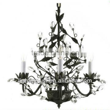 BLACK IRON CHANDELIER/ CHANDELIERS LIGHTING/ WITH FACETED CRYSTAL LEAVES