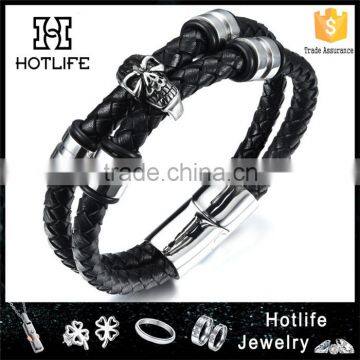 Double Leather Cord Stainless Steel 316L Wholesale Bracelet Men Leather
