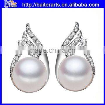 Paved CZ 925 Sterling Silver Freshwater Round White Pearl Earrings