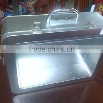 Ace products: big size tin box: 400x296x120mm with lock and handle PVC window