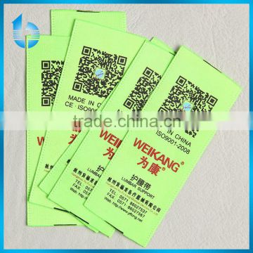 Green satin silk screen printed QR codes label for lumbar support