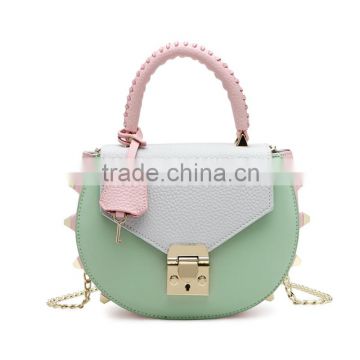 Beautiful girls candy color genuine leather cross body bag with long chain