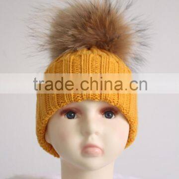 Cute yellow Style Baby Hats For Kids With Raccoon Fur Balls Knitted Baby Kids Hats