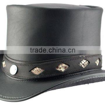 Black GENUINE LEATHER CowhideSkin TOPPER "Steampunk" Western TOP HAT