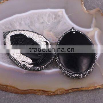 Natural Obsidian Gem Stone Pendant, Guanyin / Mother Buddha Pendant, With Crystal Paved Druzy Pendant photo-3