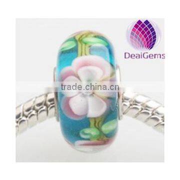 Handmade 925 sterling silver large hole glass beads with white petals