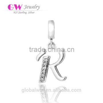 S067R Globalwin 925 Sterling Silver Alphabet Letter R Paved with Crystals European Charms
