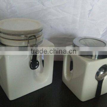 Plain White Ceramic Square Shape Storage Jar With Handle and Spoon photo-4