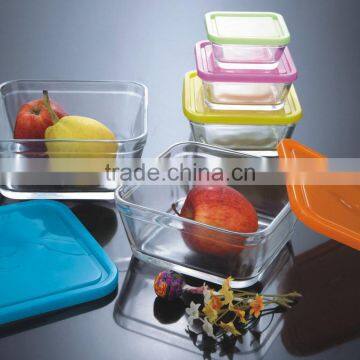 engraved square glass bowl set,high quality 5pcs glass bowl with lid,glassware set