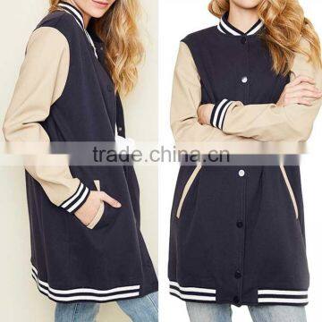 fashion winter spring Australia Brazil plain satin bomber sailor custom women blank long varsity jacket with leather sleeve