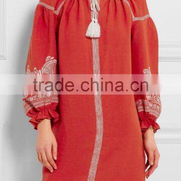 Cool Bohemian Embroidered Slub Crepe Linen Mini Dress Hand Flora Embroidery Designs 2016 HSD5750 photo-3