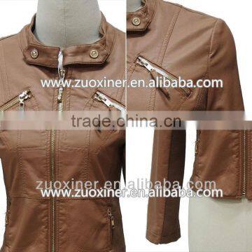 New Design Round Collar Ladies Leather Jacket photo-3