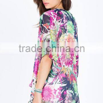 Open Front Lush Botanical Prints Kimono Women With Extended Back Hem photo-2
