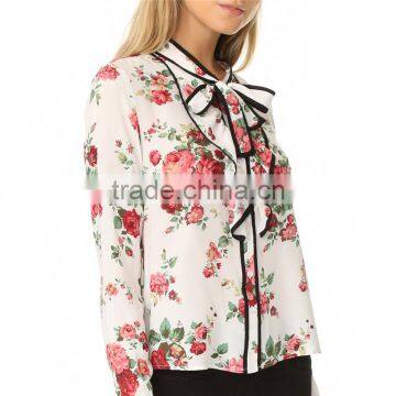 2017 Latest Long Sleeve Spring Fashion Ladies Floral Tie Neck Blouse photo-3