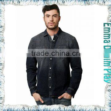 2015 Popular Models Man's Black Straight Fit Casual Design Denim Shirts with Silver Custom Button