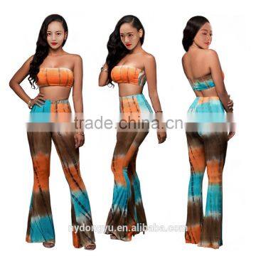 tie dye bell bottomed pants and top set /22 color xayn printed wide legging flare trousers and top two piece set