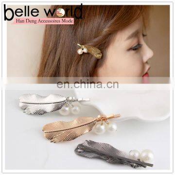 Metal feather hairpins with two piece pearls clips