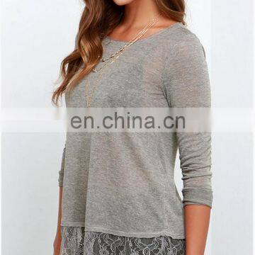 Wholesale 2016 New Fashion Lace Blouse Designs Lady Long Sleeve Sexy Floral Print Grey Blouse photo-5