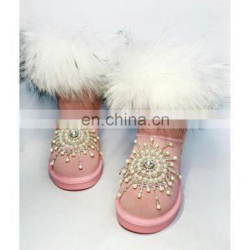 Aidocrystal New style pink shoes winter diamond beads covered boot women comfortable fur boots