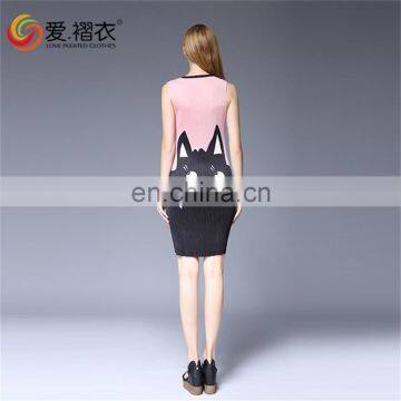 Fashion Wommen Clothes Pleated Cartoon Printed Sleeveless Round Neck Dress photo-4
