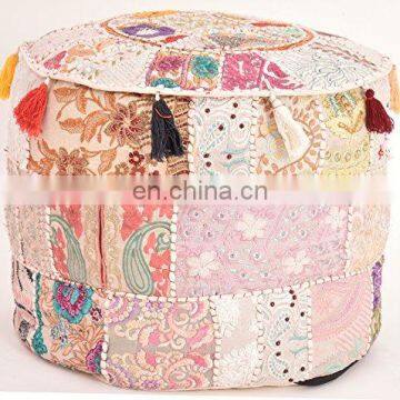 Indian Vintage Old Saree Cotton Handmade Pouf Ottoman Embroidery Pouf