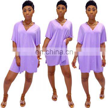 Wholesale 2 Piece Plain v NeckBat Sleeve Split Tshirt and Shorts Set for Women photo-5