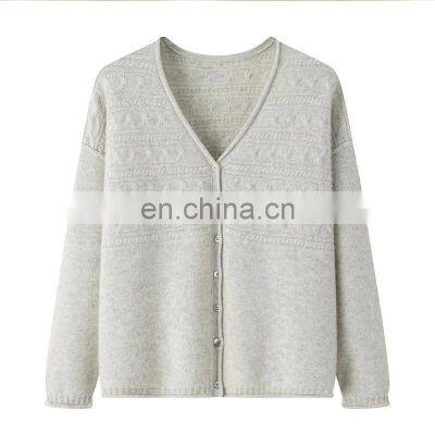 Wholesale Autumn Women's Casual Jacquard Knit Cardigan V-Neck Single Breast with Button Decoration OEM Service Available