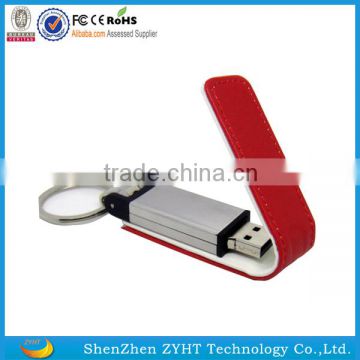 wholesale leather usb flash drive with keyring in full capacity with engraved cusotmer Logo