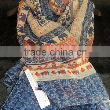2016 Newest Vintage Blue Small Elephant Printed Women Cotton Scarf With Tassels