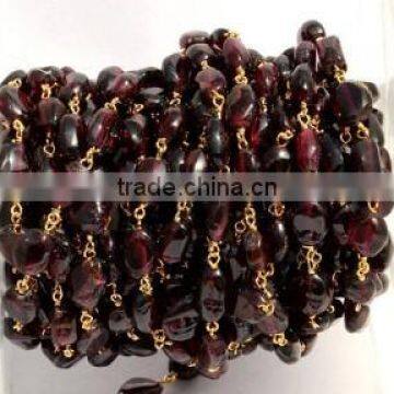 5 Feet Garnet Smooth Oval Beaded Chain, Gold Plated Wire Wrapped Chain, Handmade Beaded Chain