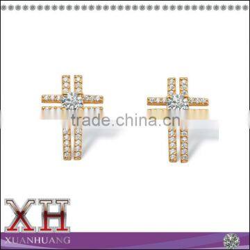 Gold Over Silver Cubic Zirconia Round and Pave Fashion Cross Earrings