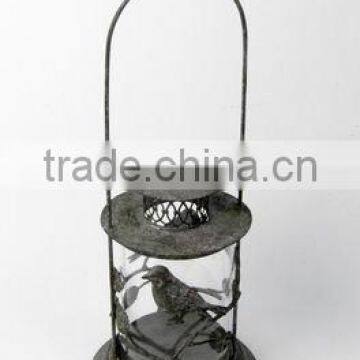 100232MC- hanging metal candle lantern w/finch design