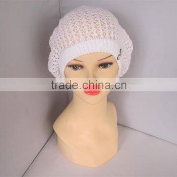 New Arrive Button Decoration Elegant White Crochet Knit Winter Hat