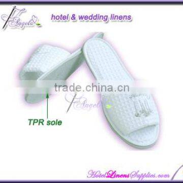 open-toe cotton waffle custom hotel slippers with EVA sole, embroidered logo