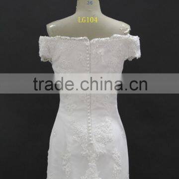 Off-shoulder Straight Neckline Horse Tail at Hem Make Ruffle Effect Sheath Wedding Dress photo-6
