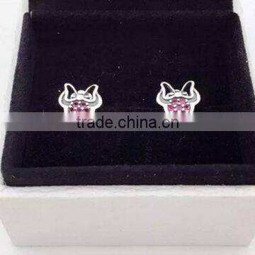 Mouse Head 925 Silver Stud Earrings With Red Cubic Zirconia