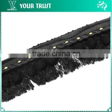Gold Round Stud Black Leather Black Wool Cotton Hanging Tassel Trimming