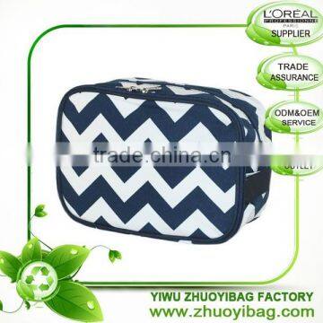 Navy Chevron Double Separate Zippered Compartment Cosmetic Toiletry Bag with Large Capacity