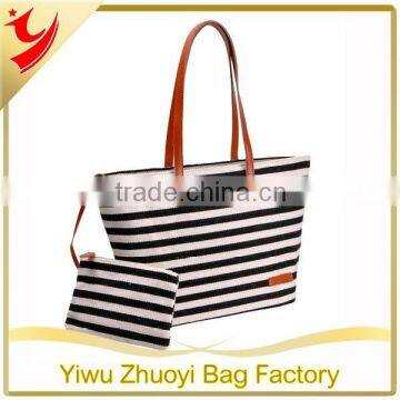 Ladies Summer Beach Handbags Strip/Tote Canvas Shoulder Zipper Bag with Leather Handles