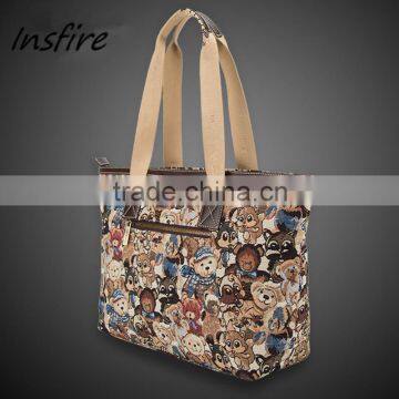 2016 High quality lady fashion factory Leisure canvas handbag bear print oem women's tote hand bag wholesale