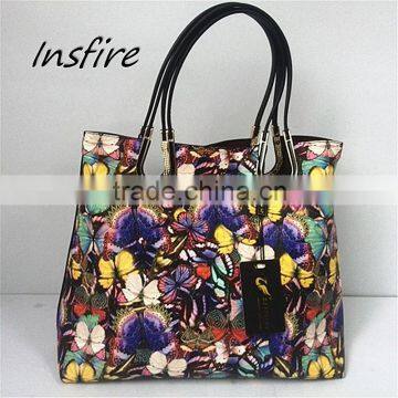 Printed butterfly pattern fashion PU leather large tote handbag in bag for shopping