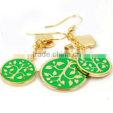 Gold plated life trees green epoxy pendant stainless steel big fashion jewelry set beautiful jewelry set moti jewelry set LS6214