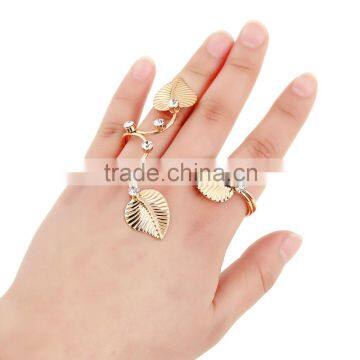 Elegant Gold Linked Leaf Ring Two Fingers Joint Ring Sets Chain Ring For Women