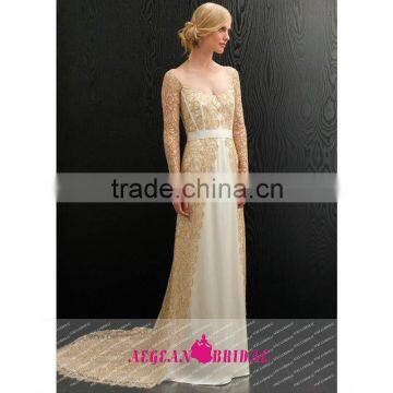 QC8 sexy scoop neck long sleeve gold wedding dresses lace A-line floor length vestido de casamento curto