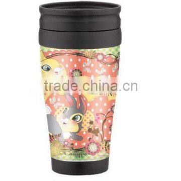 plastic coffee mug 400ml travel mug with full logo paper insert