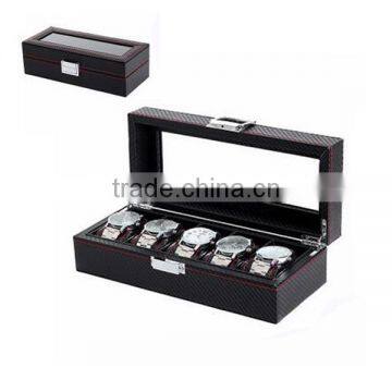 High-Grade PU Leather Package Box For Watch, 5 Slot Display Carbon Fiber Stripe Gift Storage Box