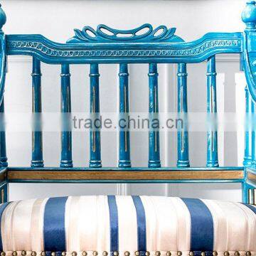 Antique Handmade Solid Wood Square Back Carving Armchair Painted in Vintage Blue and With Striped Fabric BF12-03294b photo-4