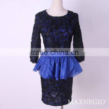 Hot Sale Above Knee Mini 3/4 Sleeve Hot Girl Sexy Club Black Lace Gold Sequin Sexy Prom Dress photo-5