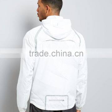 100% Polyester All Over Print Reflective Trim White Hooded Sports Jacket Mens With Mesh Lining Inside Simple Long Sleeves photo-3