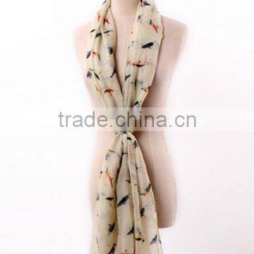 2016 new arrival voile printed pattern ladies birds scarf